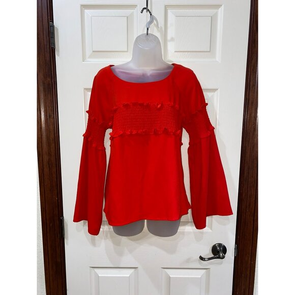 Amaryllis Red Long Bell Sleeve Smocked Blouse By Amaryllis  Size Small - Picture 6 of 8